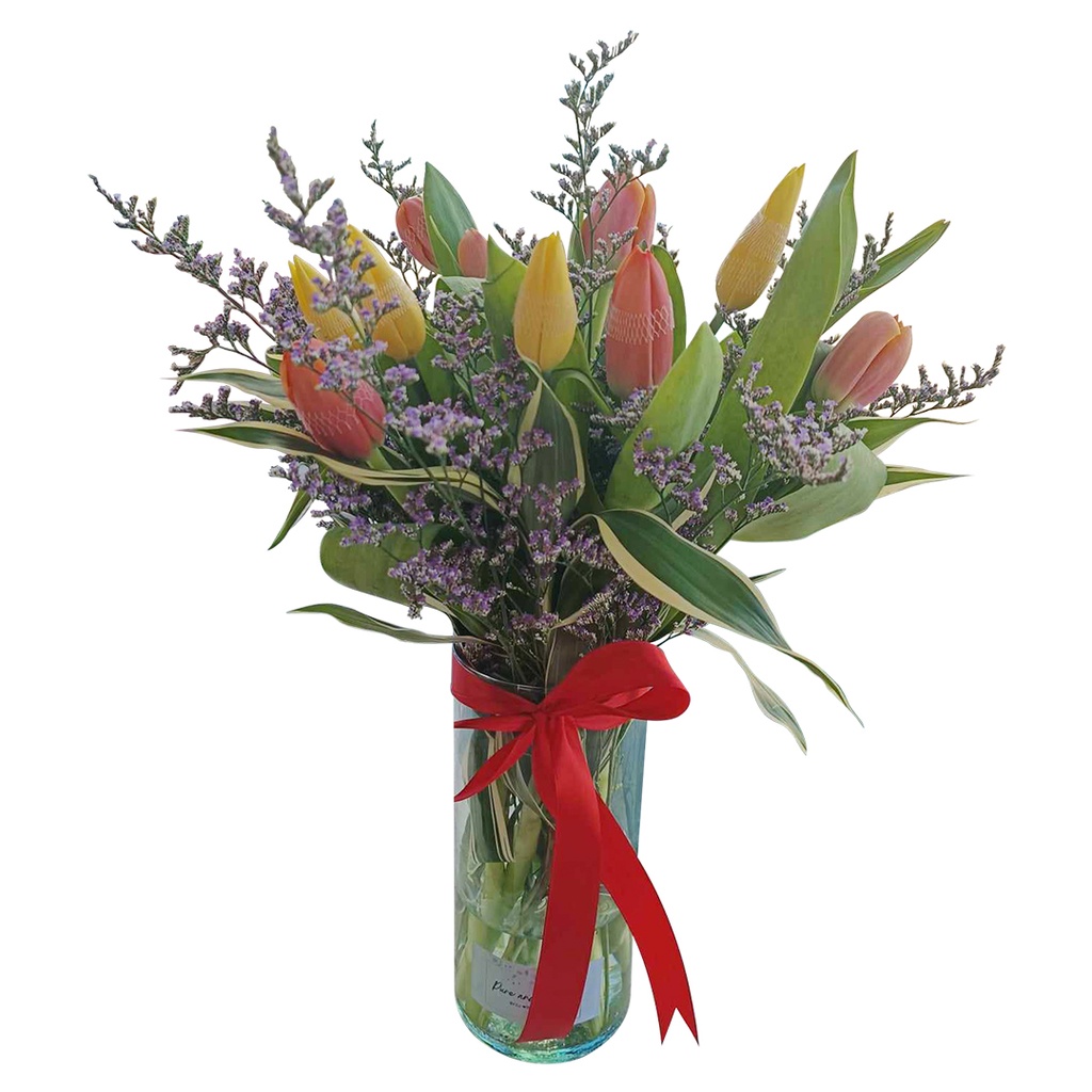 6 Stems Of Yellow And 6 Stems Of Orange Tulips With Misty Blue In Vase