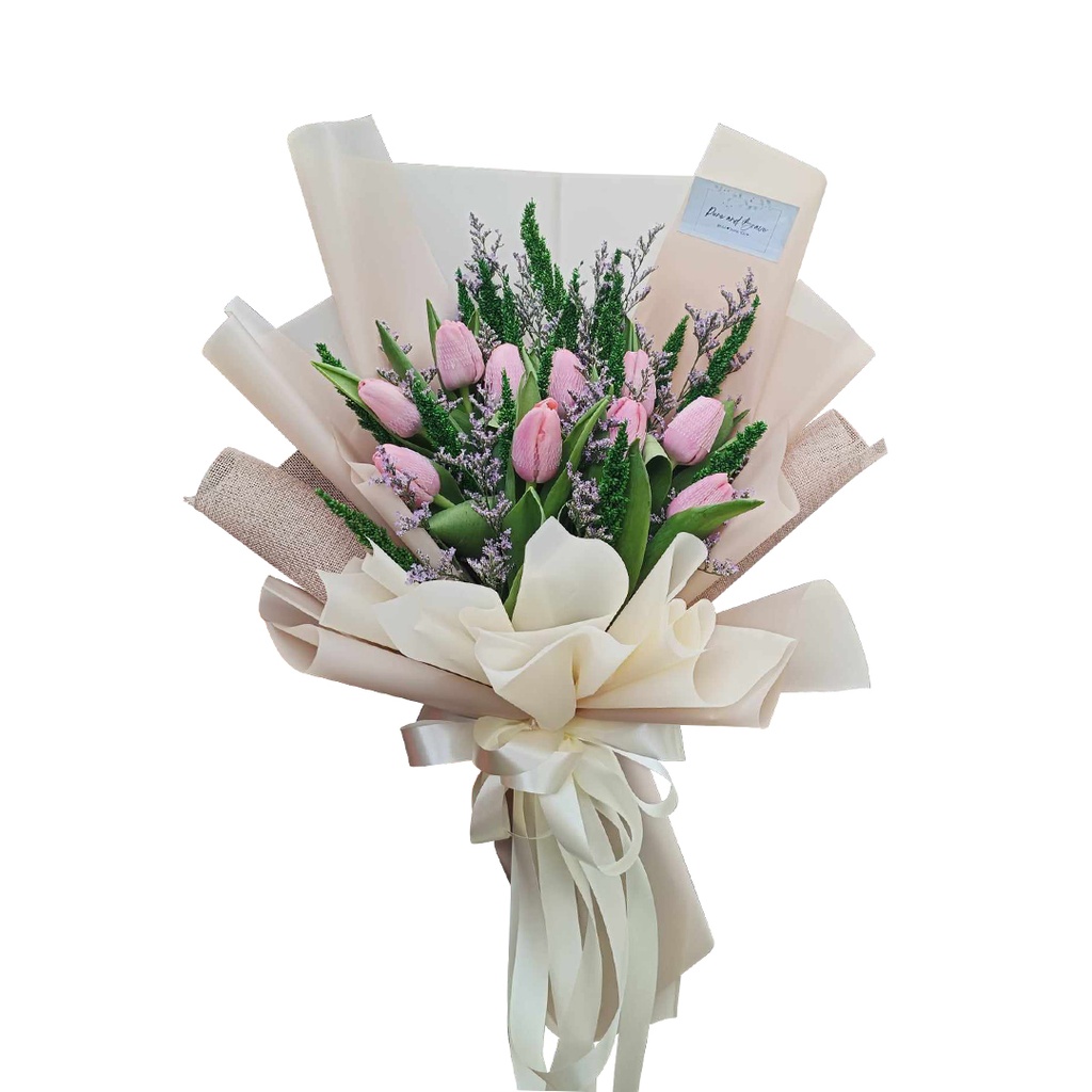 10 Stems Of Light Pink Tulips With Misty Blue &amp; Trigo