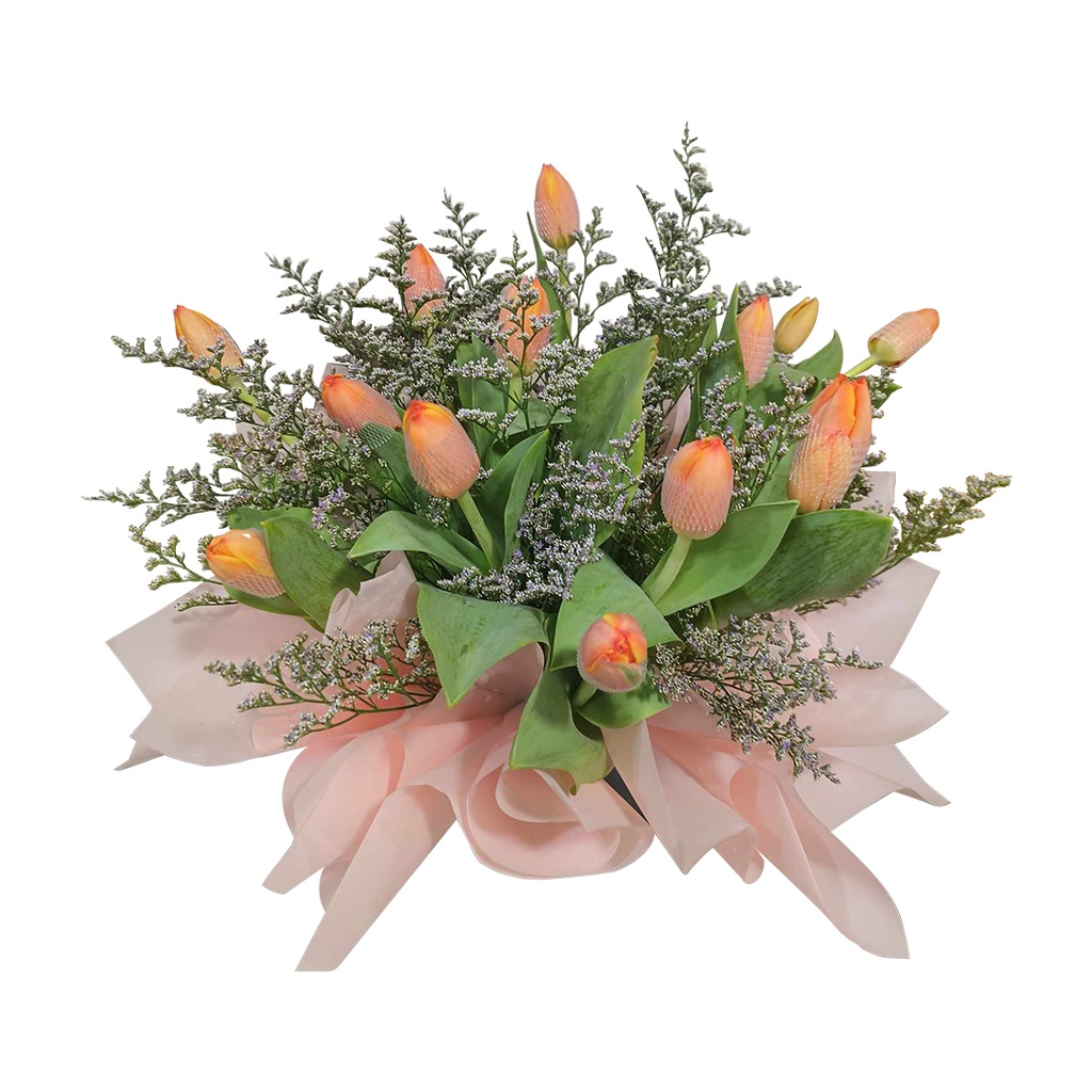 12 Stems Of Orange Tulips With Misty Blue In  Bloombox