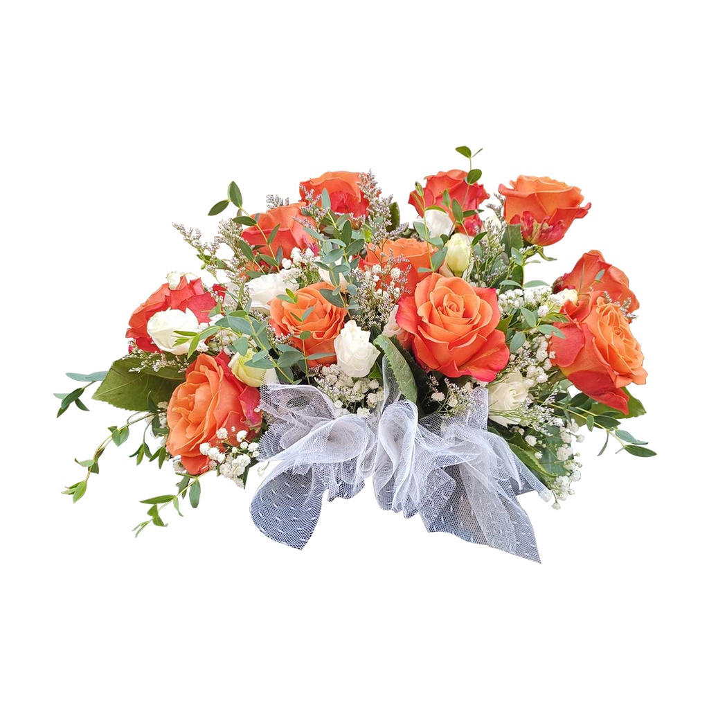 12 Stems Of Orange Equaduarian Roses With White Paper Roses And Fillers In  Bloombox