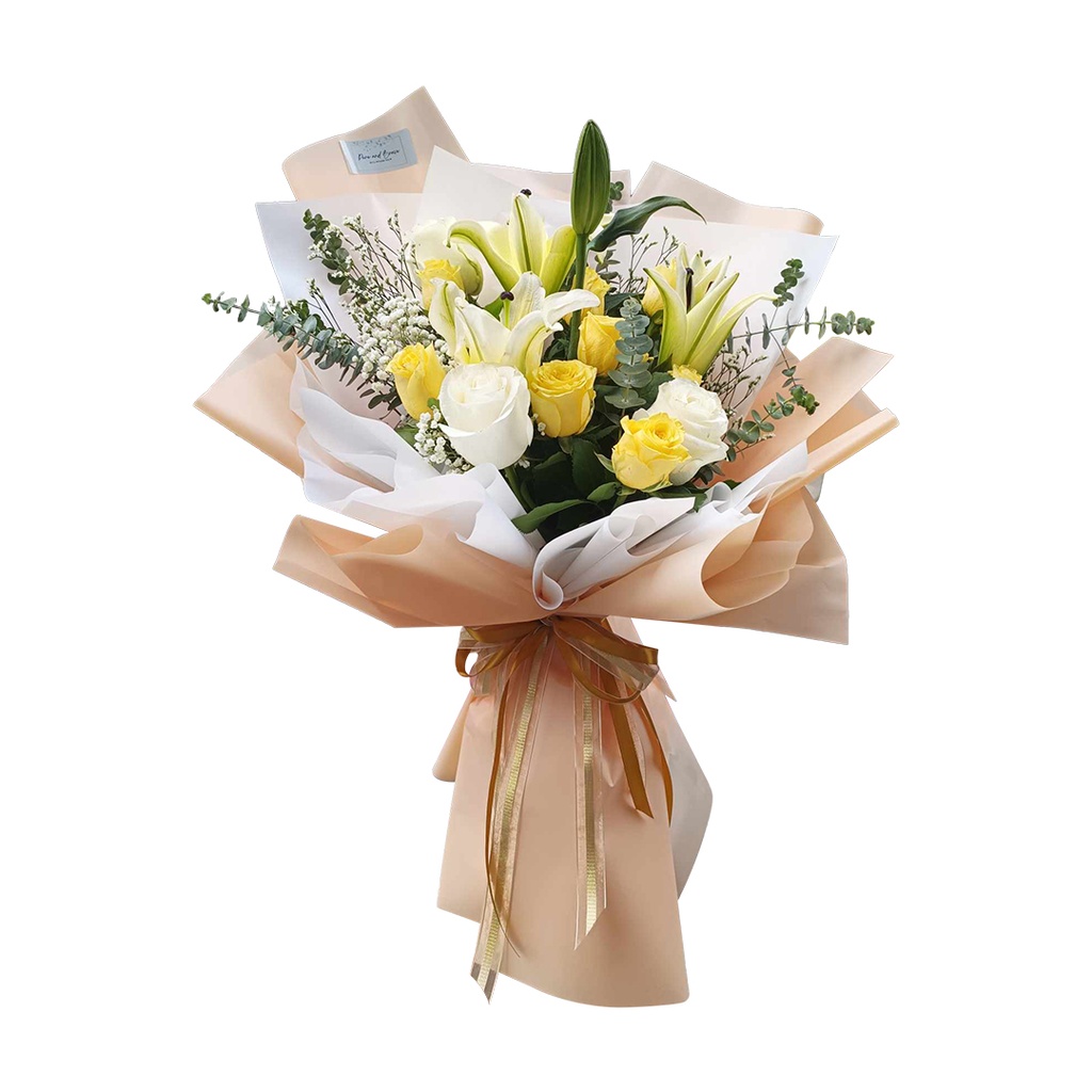 10 Stems Of Yellow China Roses, 3 Stems White Equadurian And 1 Stem Of Yellow Lily Baby  With Fillers