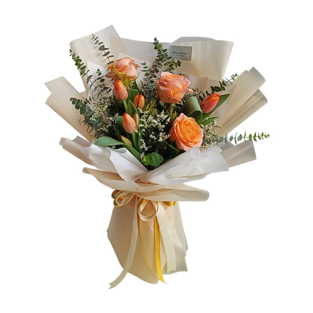 3 Stems Orange Equadurian And 3 Orange Tulips With Fillers 