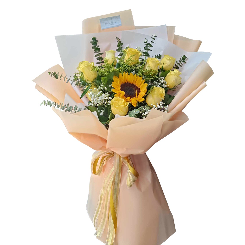 1 Stem Of Sunflower And 10 Stems Of Yellow China Roses With Fillers