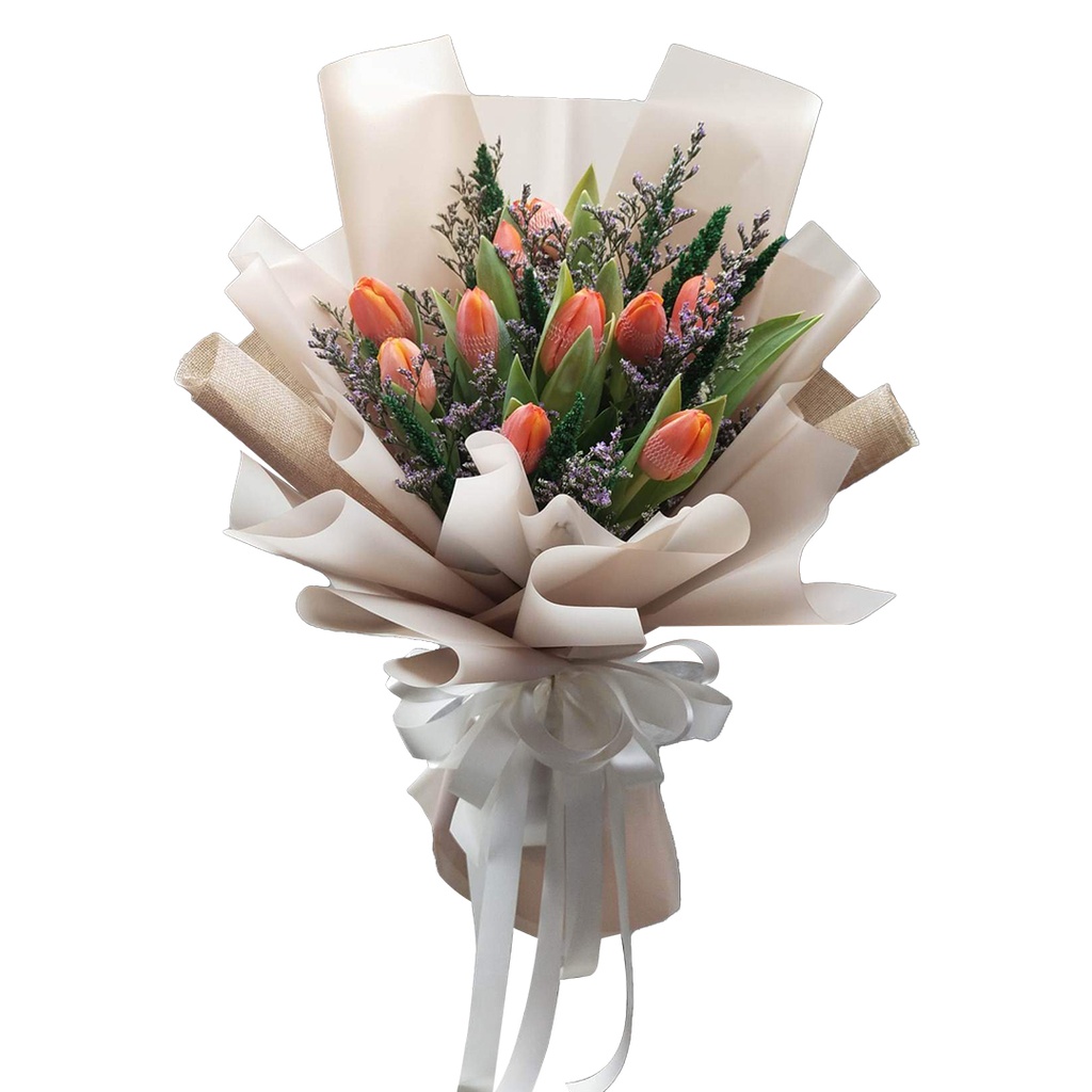 10 Stems Of Orange Tulips With Misty Blue &amp; Trigo As Fillers