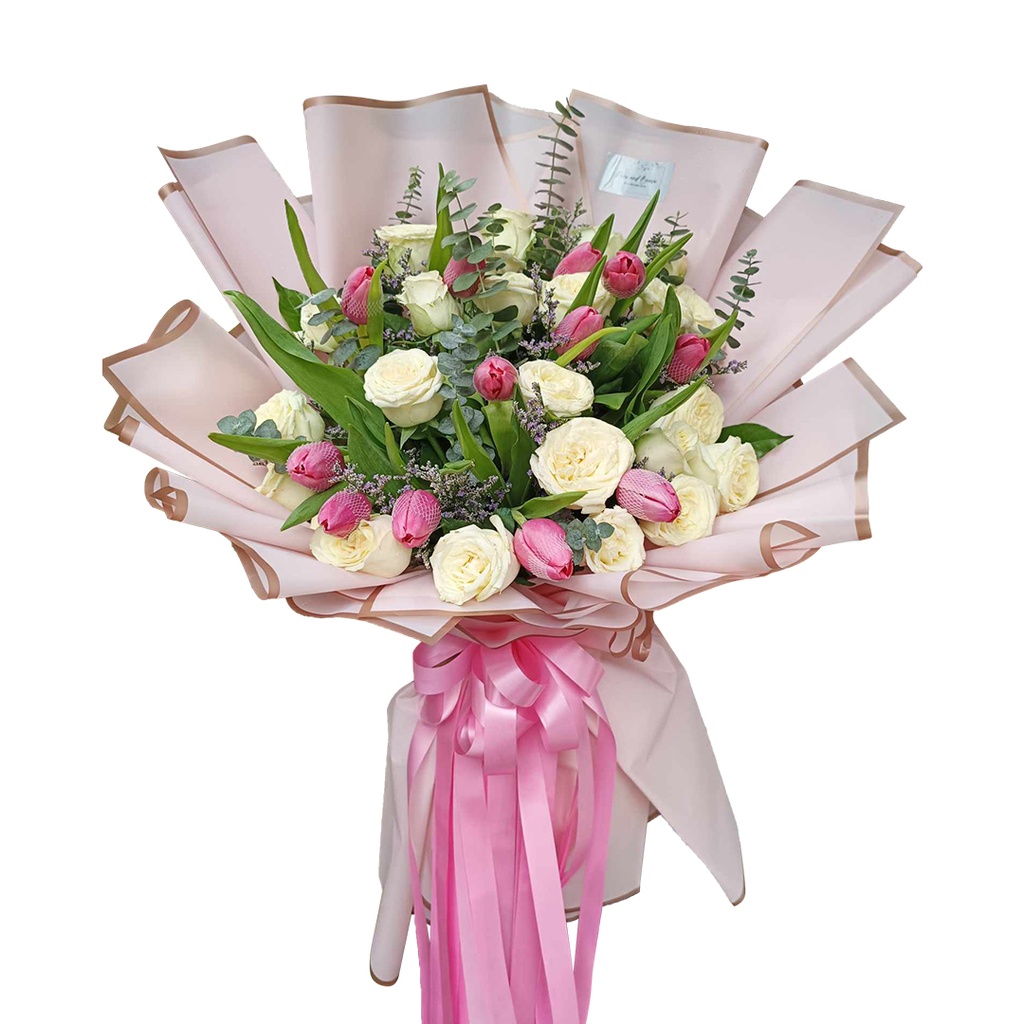 12 Stems Of Pink Tulips And 20 Stems Of Korean White Rose And Fillers