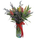 6 Stems Of Yellow And 6 Stems Of Orange Tulips With Misty Blue In Vase