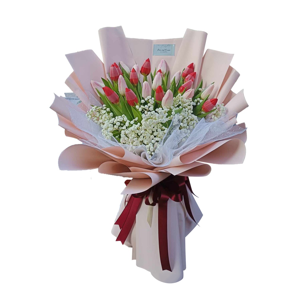 [pnb04] 2 Dozen Of Red &amp; Baby Pink Of Tulips With Gypso As Fillers