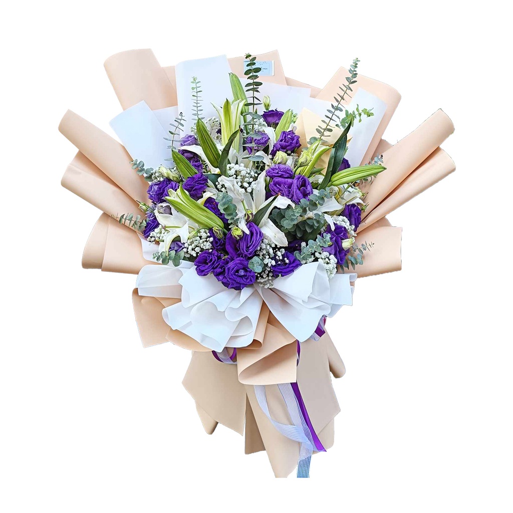 [pnb11] 2 Stems Of White Lily With Purple Paper Roses, Eucaluptus / Gypso As Fillers