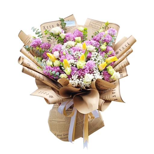 [pnb12] 6 Stems Of Yellow Tulips Combi Of Pink Paper Roses With Eucaluptus / Gypso As Fillers