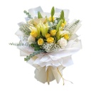 10 Stems Of Yellow China Rose With 3 Stems Of White Equadurian And 2 Stems Of Yellow Lily / Fillers