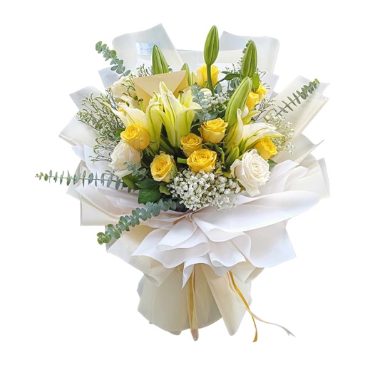 [pnb15] 10 Stems Of Yellow China Rose With 3 Stems Of White Equadurian And 2 Stems Of Yellow Lily / Fillers