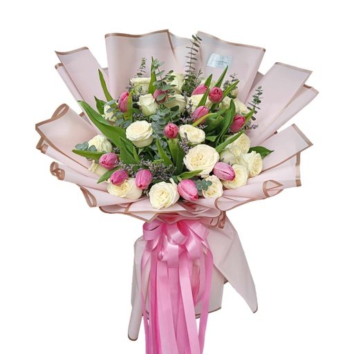 [pnb34] 12 Stems Of Pink Tulips And 20 Stems Of Korean White Rose And Fillers