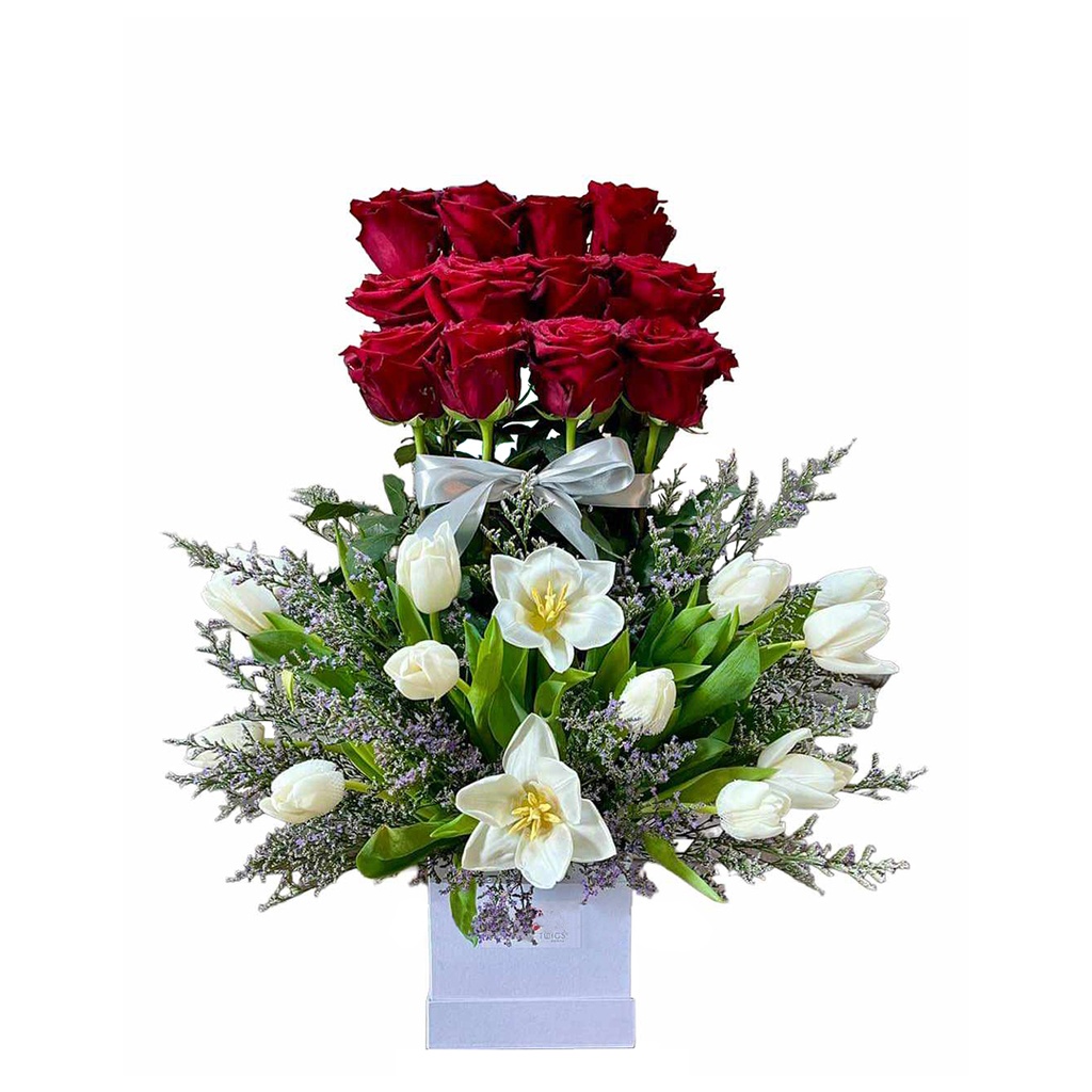 [pnb41] 12 Stems Of Red Equadurian And 12  Stems Of White Tulips In Bloom Box